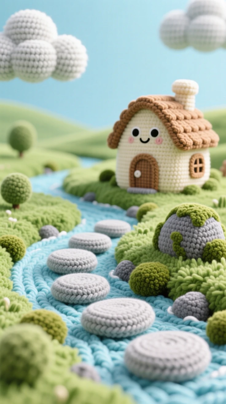 A tranquil view of a quiet countryside stream crossed by stepping stones, winding through soft green grass, leading toward a distant cottage, beneath a sky scattered with soft clouds, with a cluster of soft mossy rocks, evoking a serene, storybook tranquility.