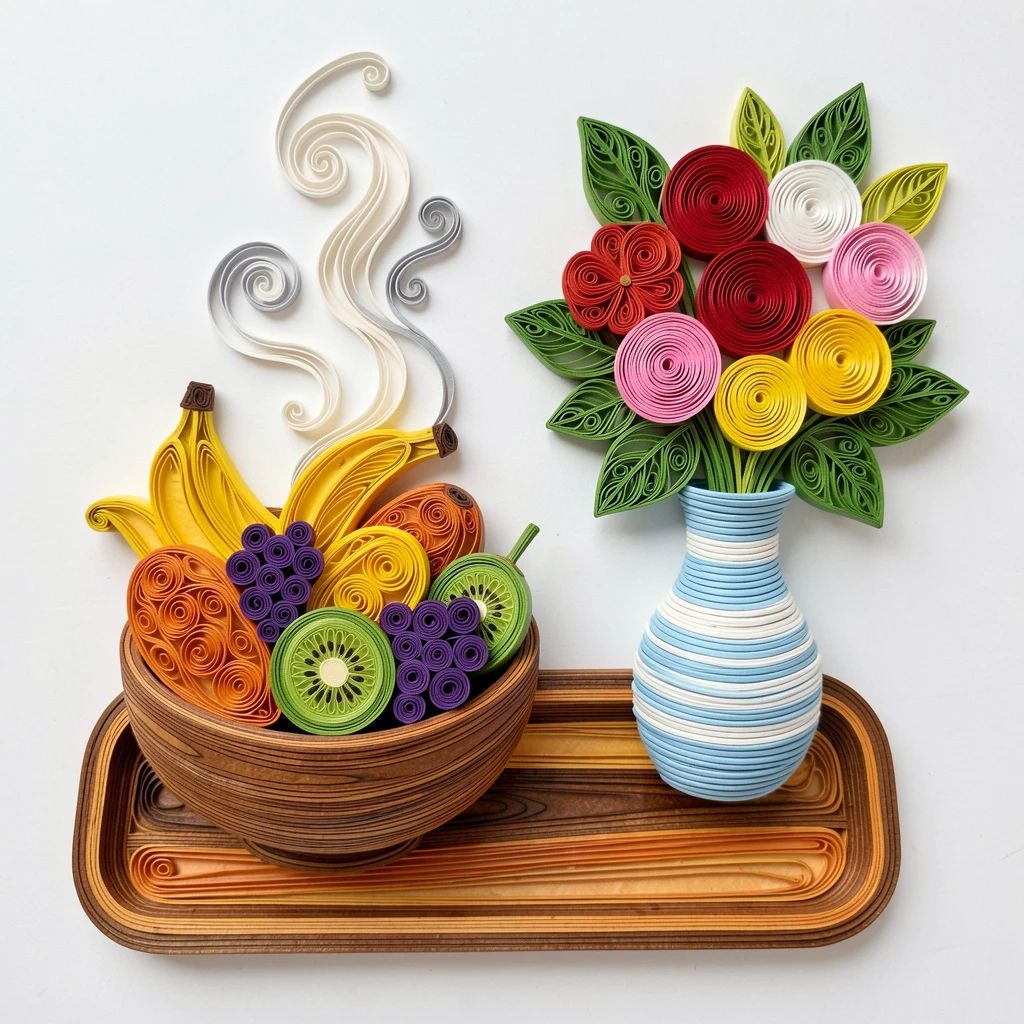 A cozy still life of a wooden bowl piled high with fresh tropical fruit on a wooden tray beside a vase of fresh flowers, with soft steam rising gently into the air, arranged in an appetizing overhead flat-lay composition.