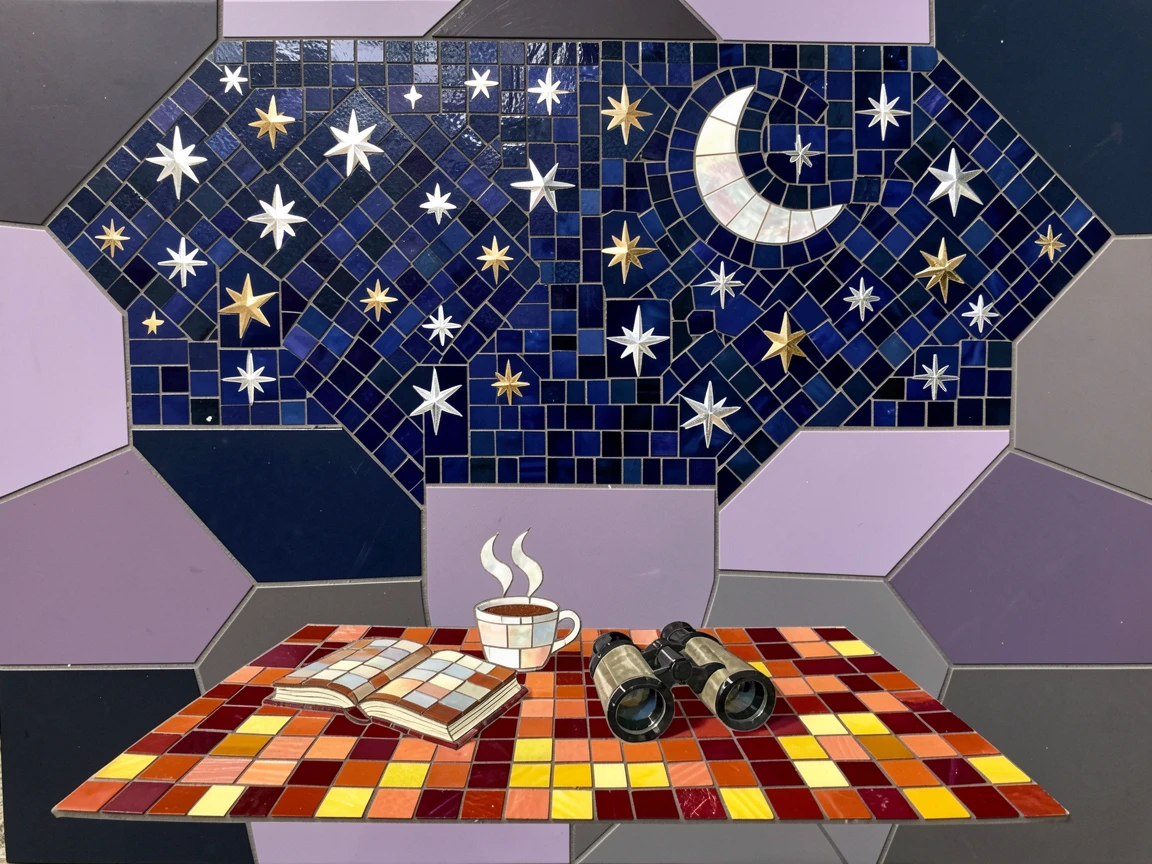 A charming, nostalgic scene of a stargazing scene with a blanket laid out under a brilliant night sky, evoking calm and comfort.