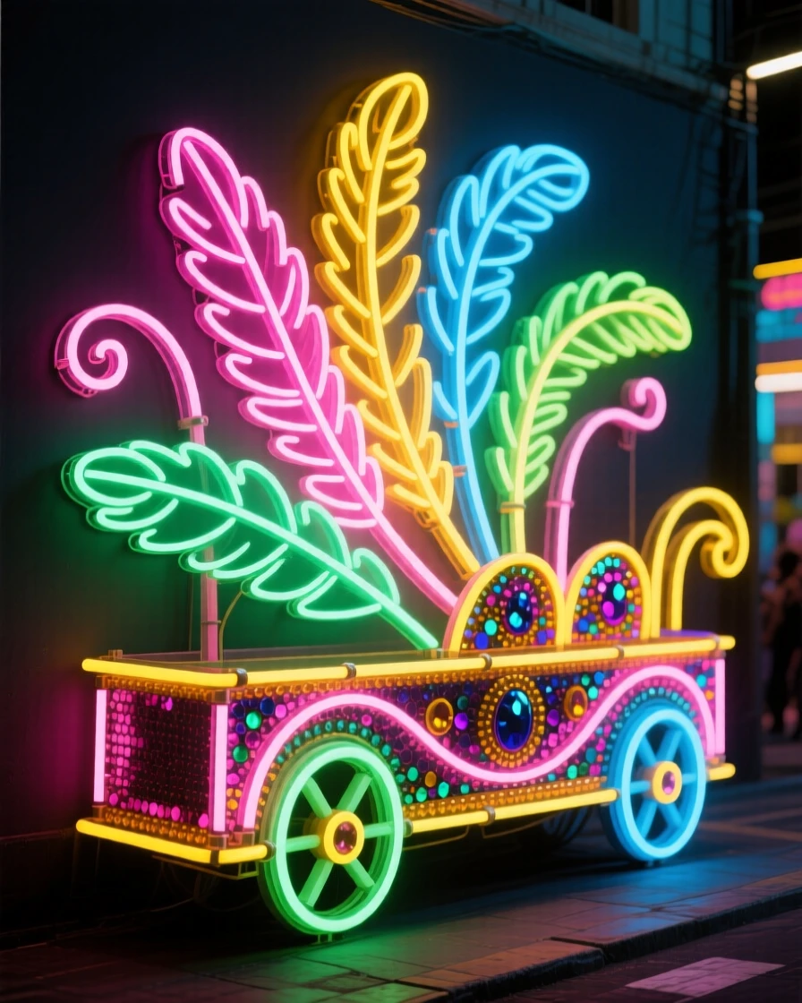 A Rio-style carnival float covered in feathers and sequins parading down a street.