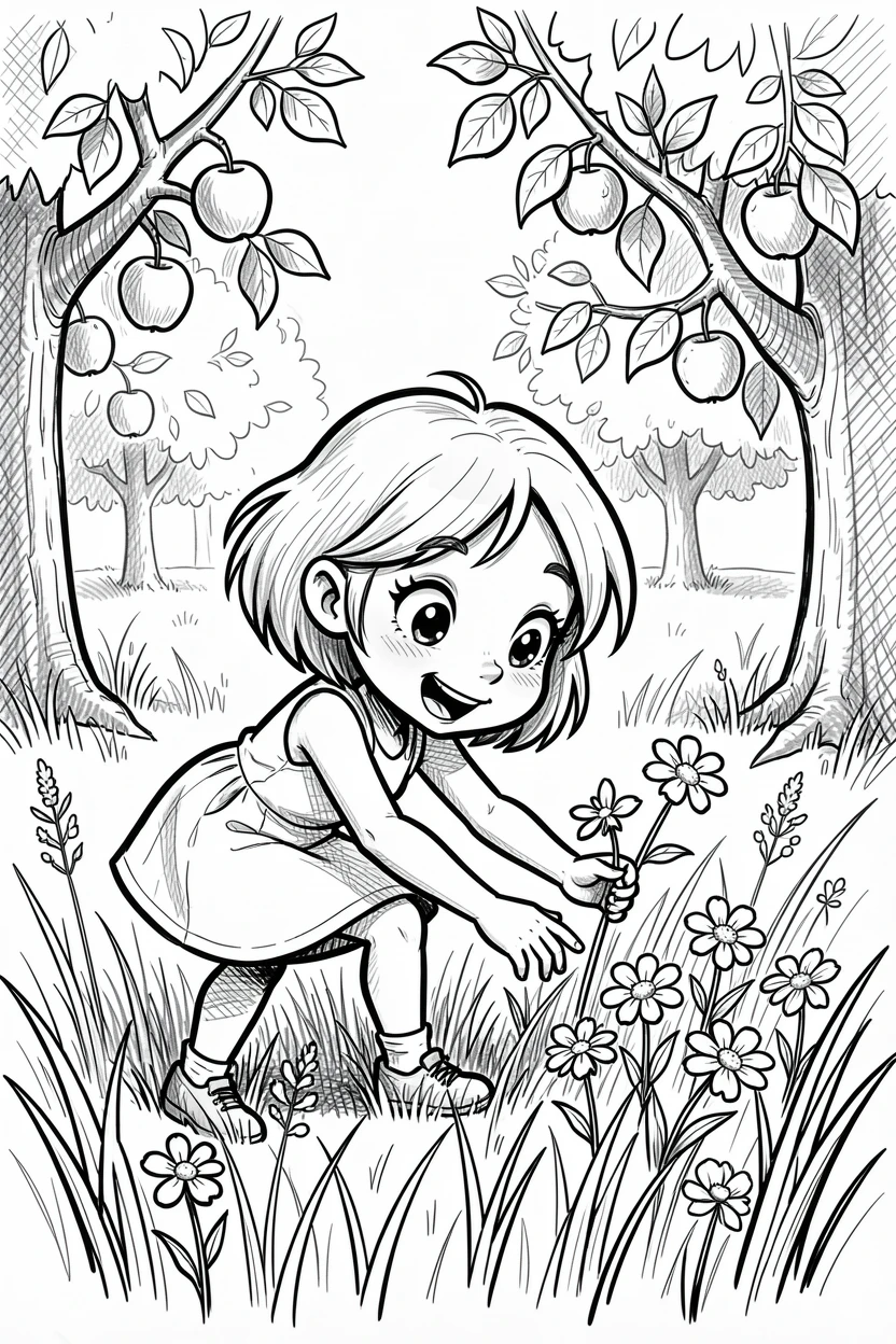 A little girl picking flowers in a meadow in an orchard during apple-picking season.