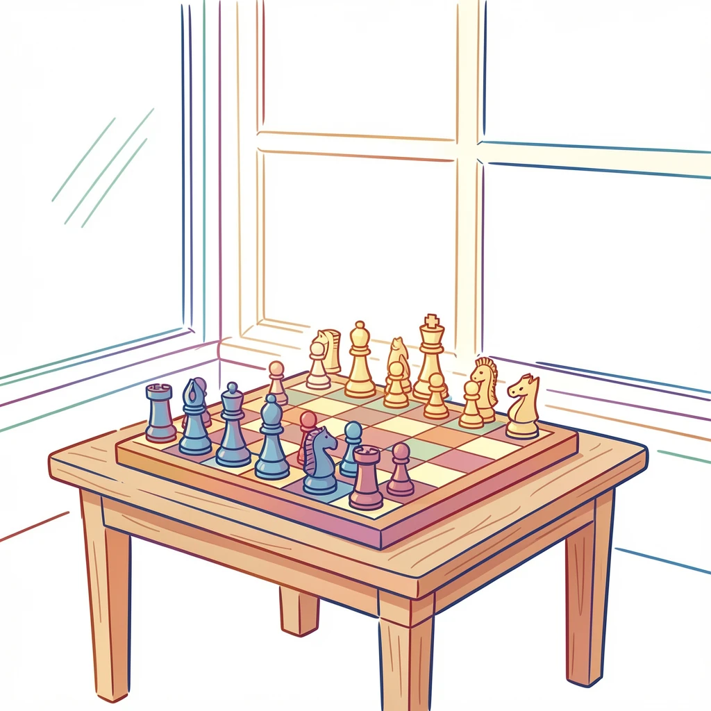 A quiet chess set mid-game on a small wooden table by a window.