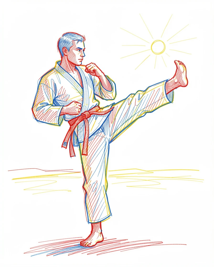 A martial artist mid-kick during an outdoor training session at sunrise