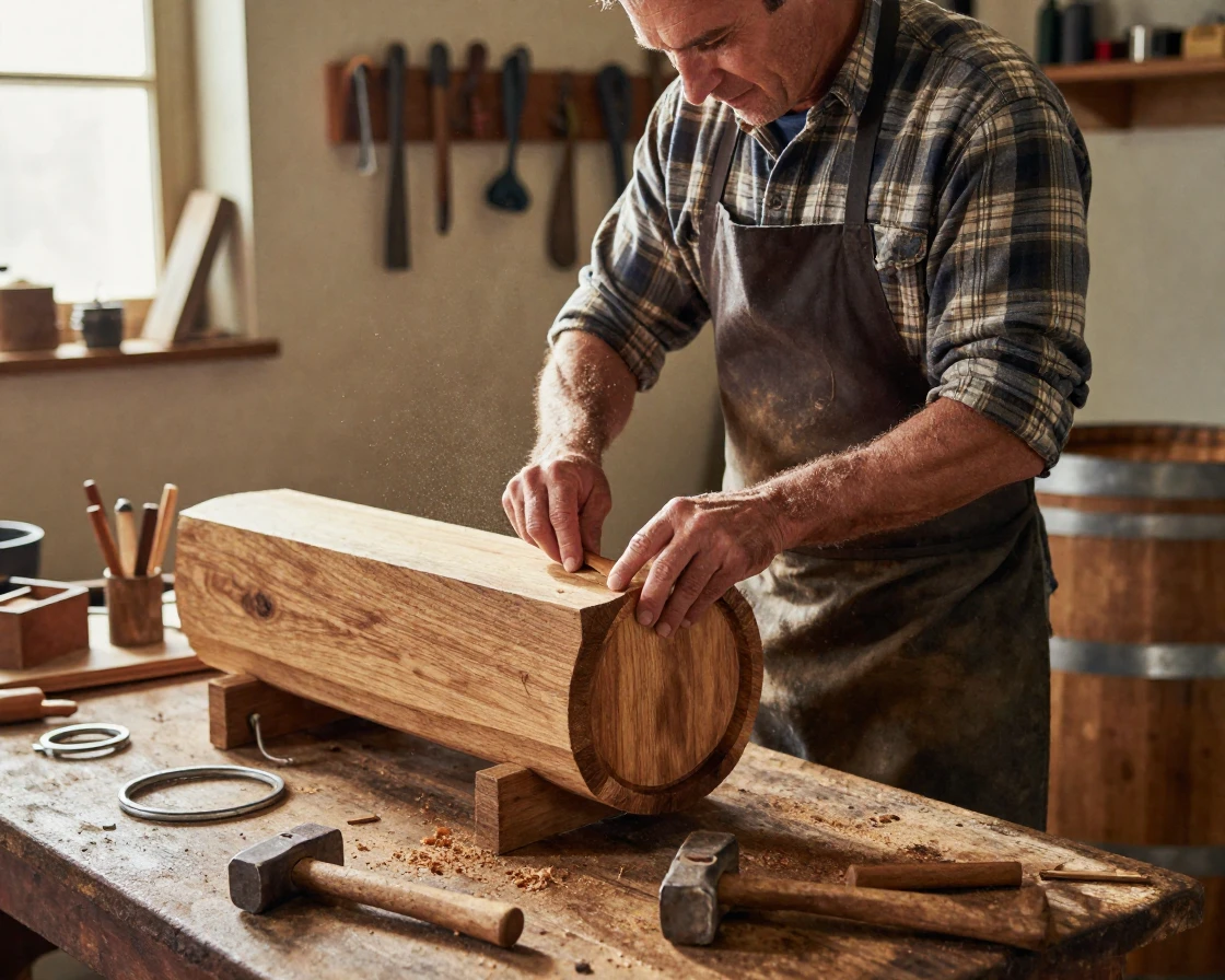 A cooper assembling wooden barrel staves