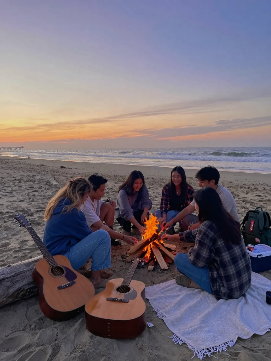 A group of friends builds a bonfire together on a beach at dusk, guitars nearby.