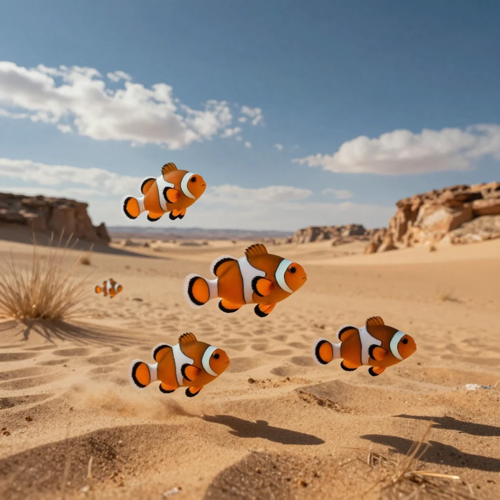 A school of clownfish basking lazily in warm sunlight across a windswept desert plain
