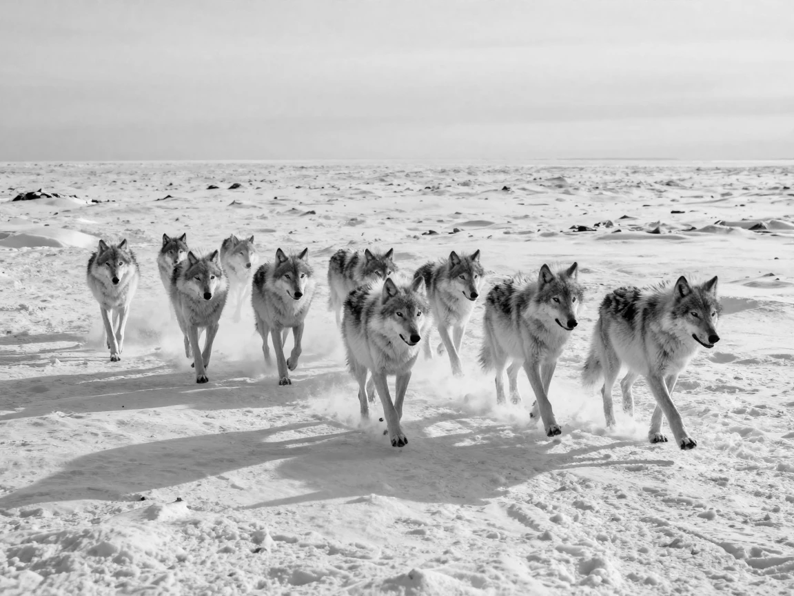 A pack of arctic wolves hunts across a frozen plain across an endless icy tundra.