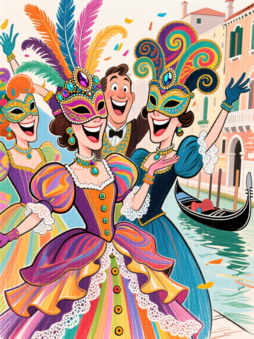 A group celebrating Carnival in Venice, wearing elaborate masks and gowns.
