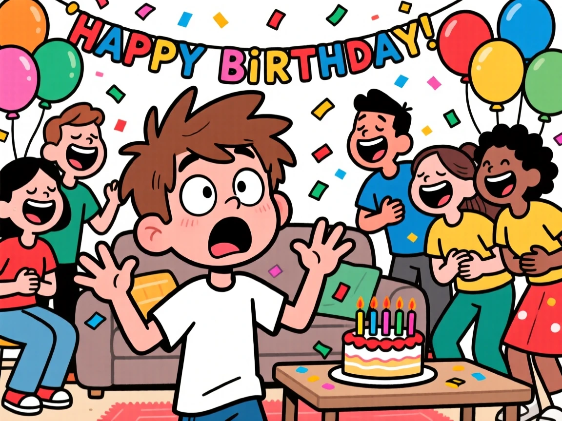 A funny expressive moment showing a teenager reacting with exaggerated shock to a surprise party, as everyone around them bursts into laughter.