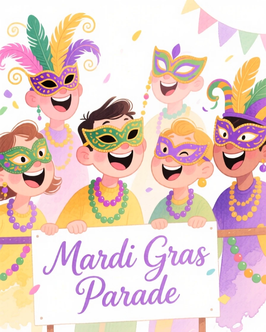 A joyful celebration scene of a Mardi Gras parade with colorful beads and masks, glowing with soft festive light