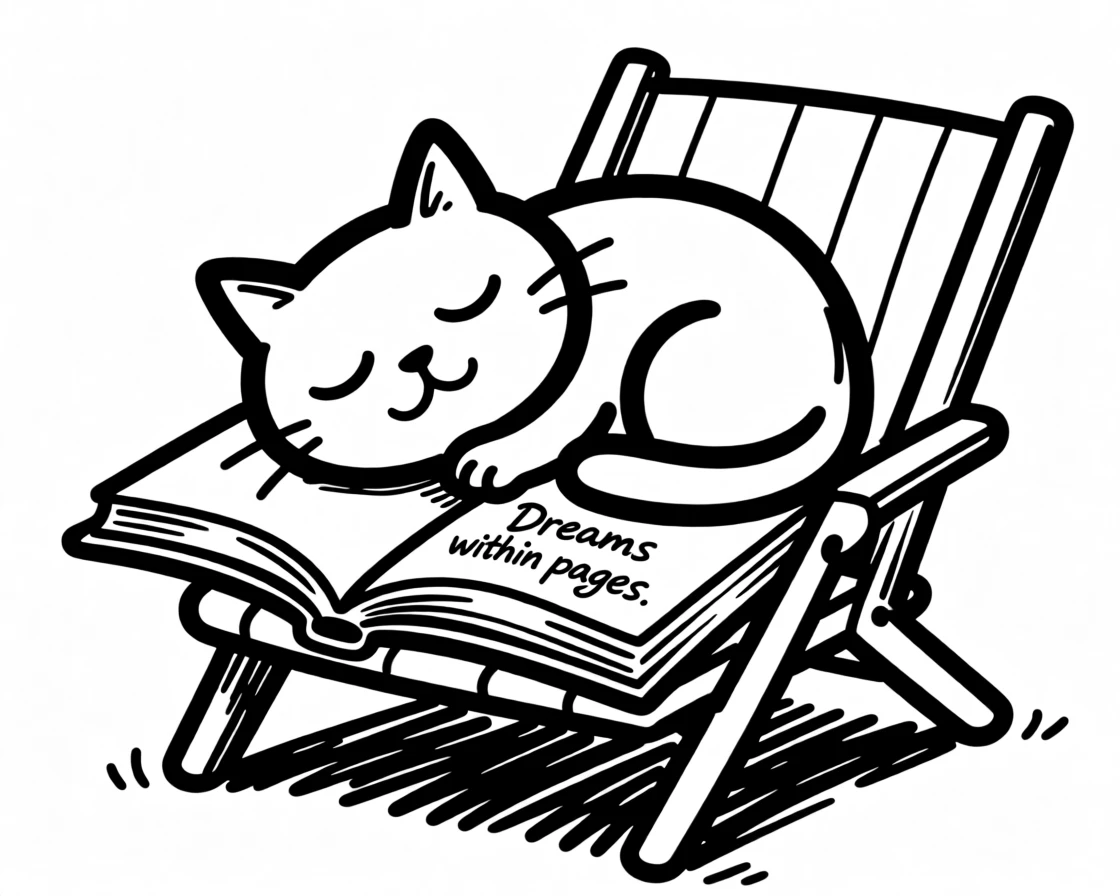 A cat sleeping on an open book atop a sunlit reading chair.