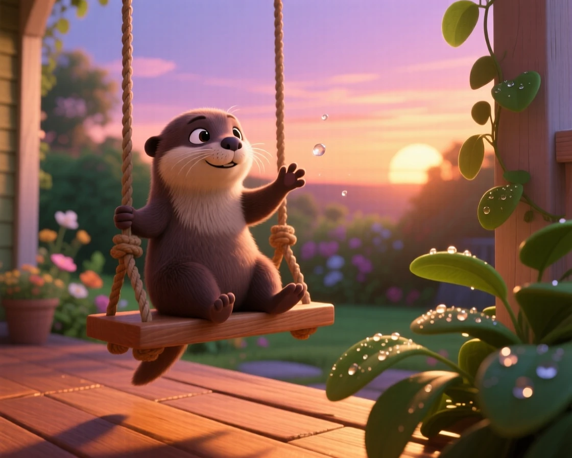 A curious otter pup is sitting on a porch swing at sunset, reaching out a tiny paw. A gentle, sleepy calm fills the moment, with dew drops glistening nearby.