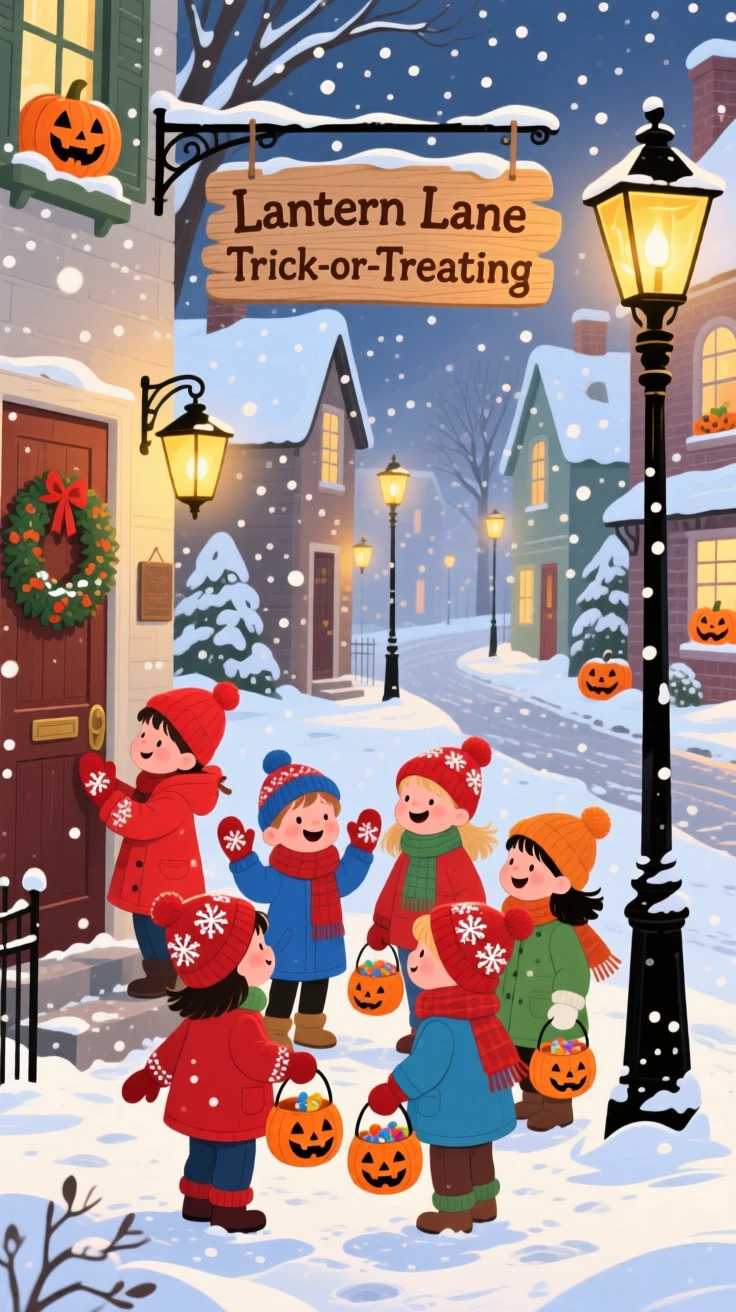 Children in matching mittens gather in a snow-covered town square, trick-or-treating along a lantern-lit street, as golden lanterns glow warmly.