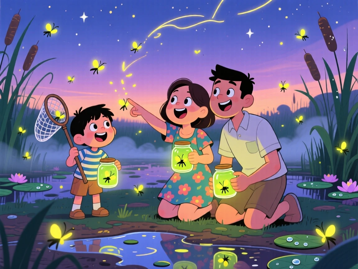A family spotting fireflies in a humid summer wetland at dusk.