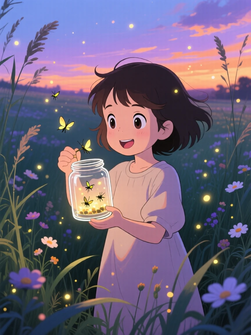 A girl catching fireflies in a glass jar at dusk, the moment carefree and joyful.