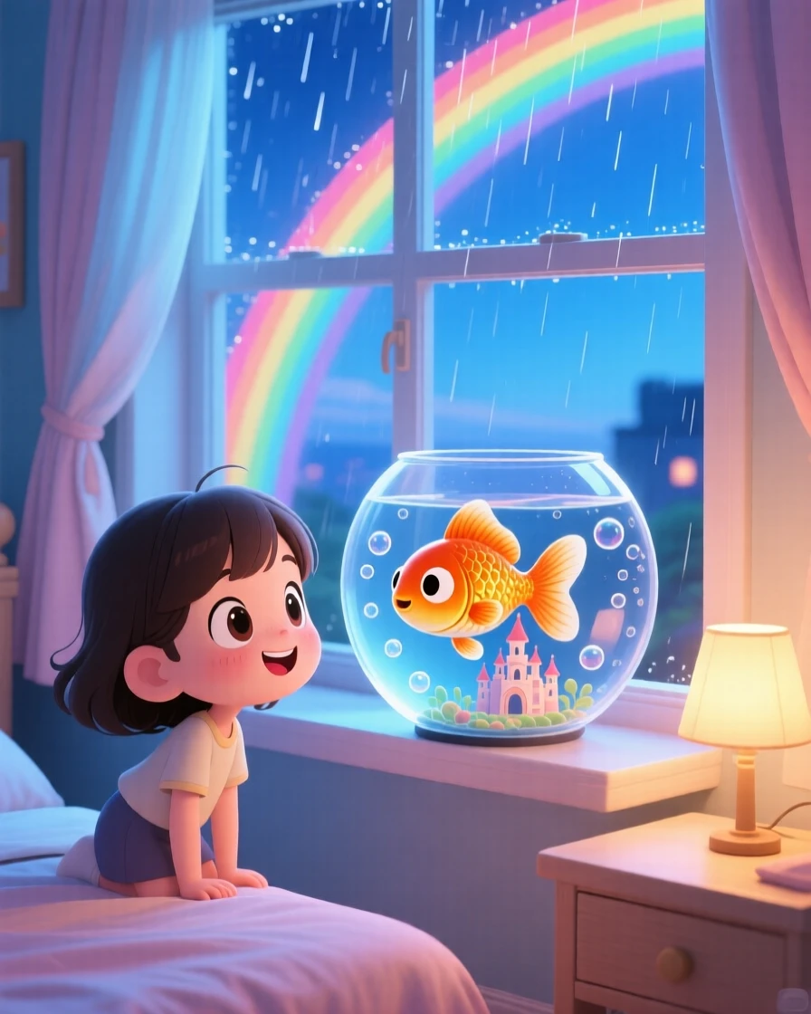 A girl and her goldfish greeting each other at the fishbowl in a sunny bedroom windowsill under a rainbow after the rain; cool blue twilight glow washes over the scene as brave confidence fills the moment. Dynamic diagonal composition.