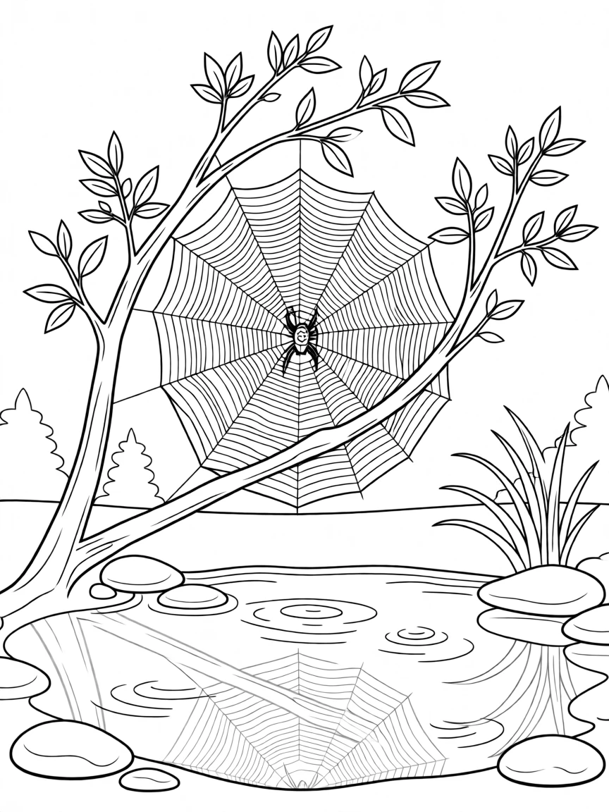 A spider weaving an intricate web between two branches, with its reflection rippling in a still pond.