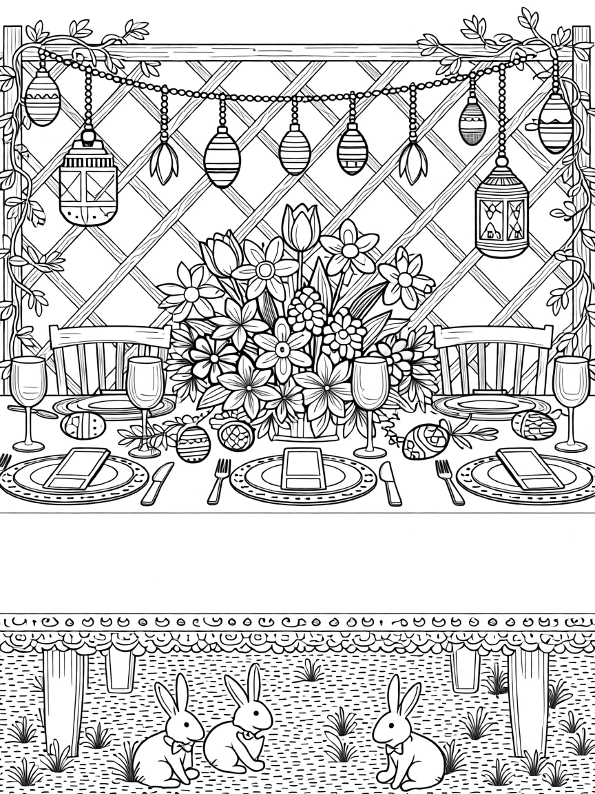 A springtime Easter brunch table set with pastel linens and flowers.