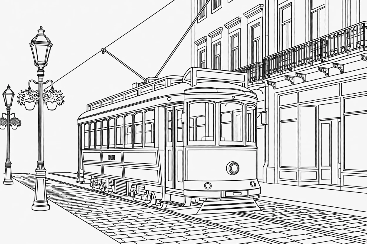 A vintage streetcar rolling down a historic city avenue