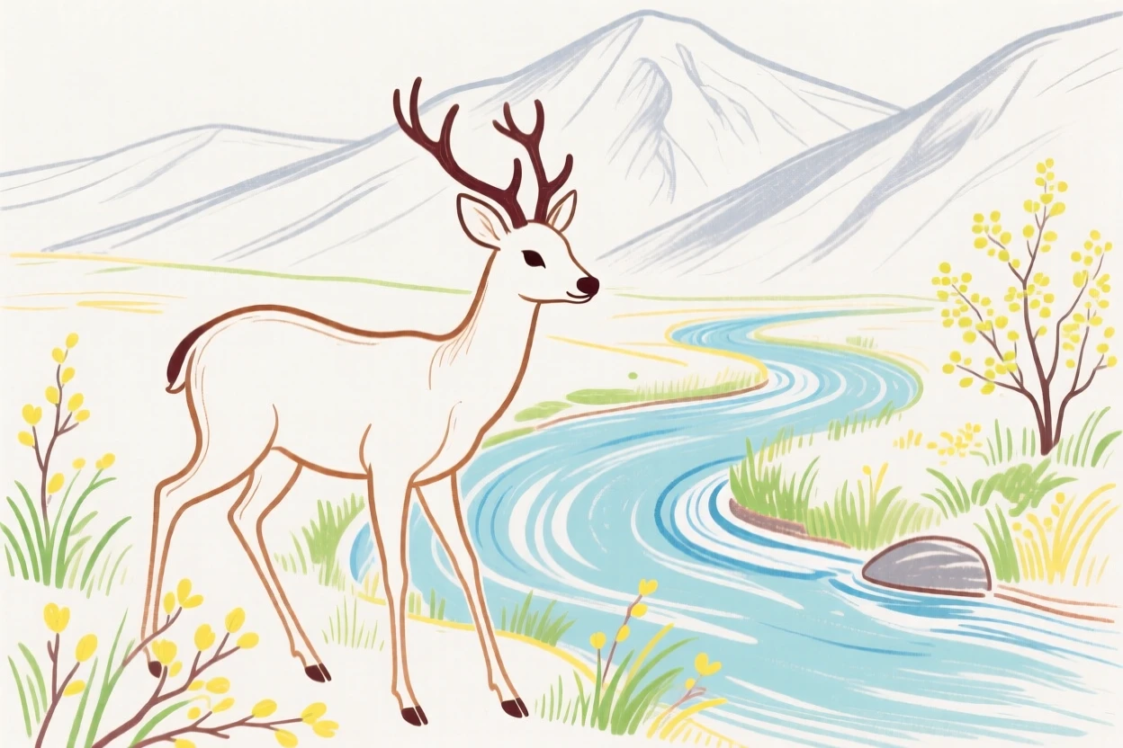 A gentle deer wandering beside a mountain stream in early spring.