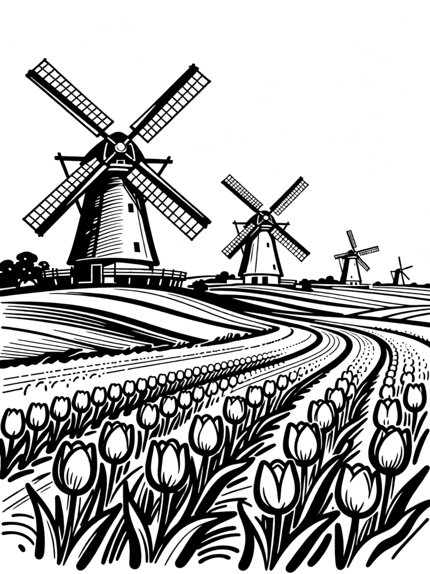 A traditional Dutch windmill village with tulip fields stretching to the horizon.