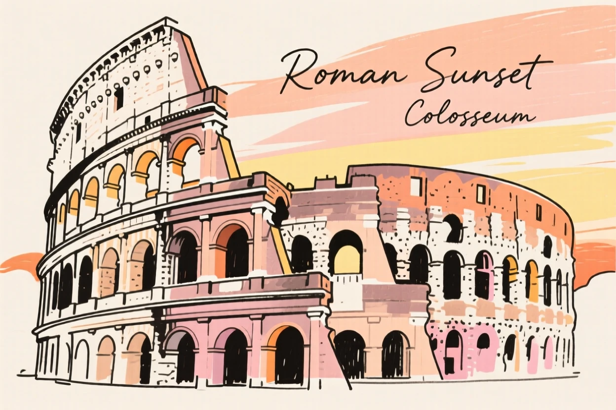 The Colosseum standing majestically under a warm Roman sunset.