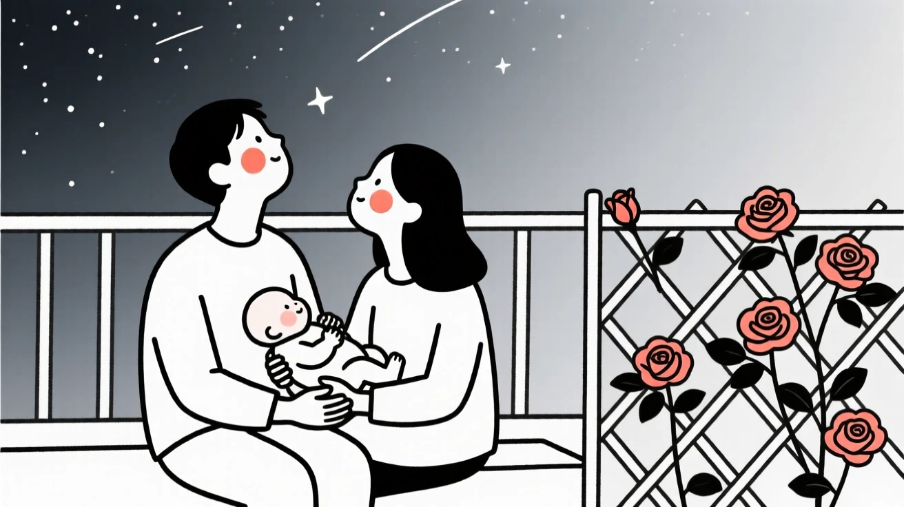 A newborn with parents stargazing from a rooftop, beside a blooming rose trellis.