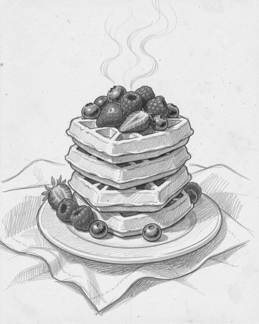 An appetizing still life of a stack of fresh waffles topped with berries atop a linen tablecloth, with steam rising gently into the light.