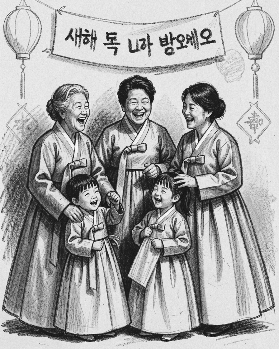 A Korean hanbok-clad family celebrating Lunar New Year, as laughter fills the air around them.