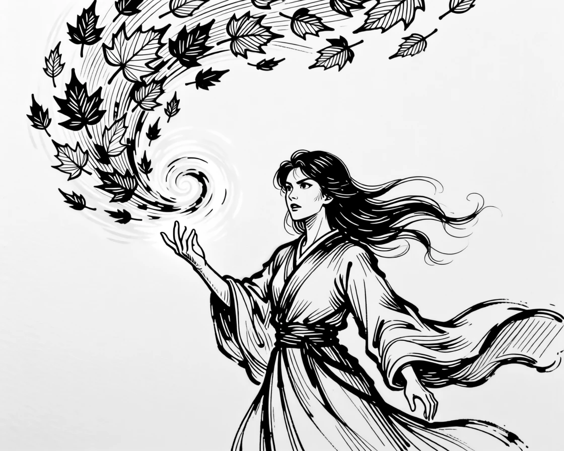A young sorceress summoning a swirl of autumn leaves into a glowing spiral.