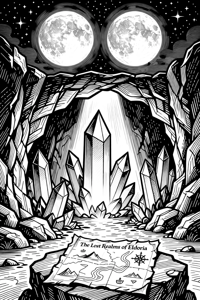 A crystal cave glowing with inner light beneath a sky filled with twin moons, with an old map unfurled nearby, forming an epic and dreamlike fantasy scene.