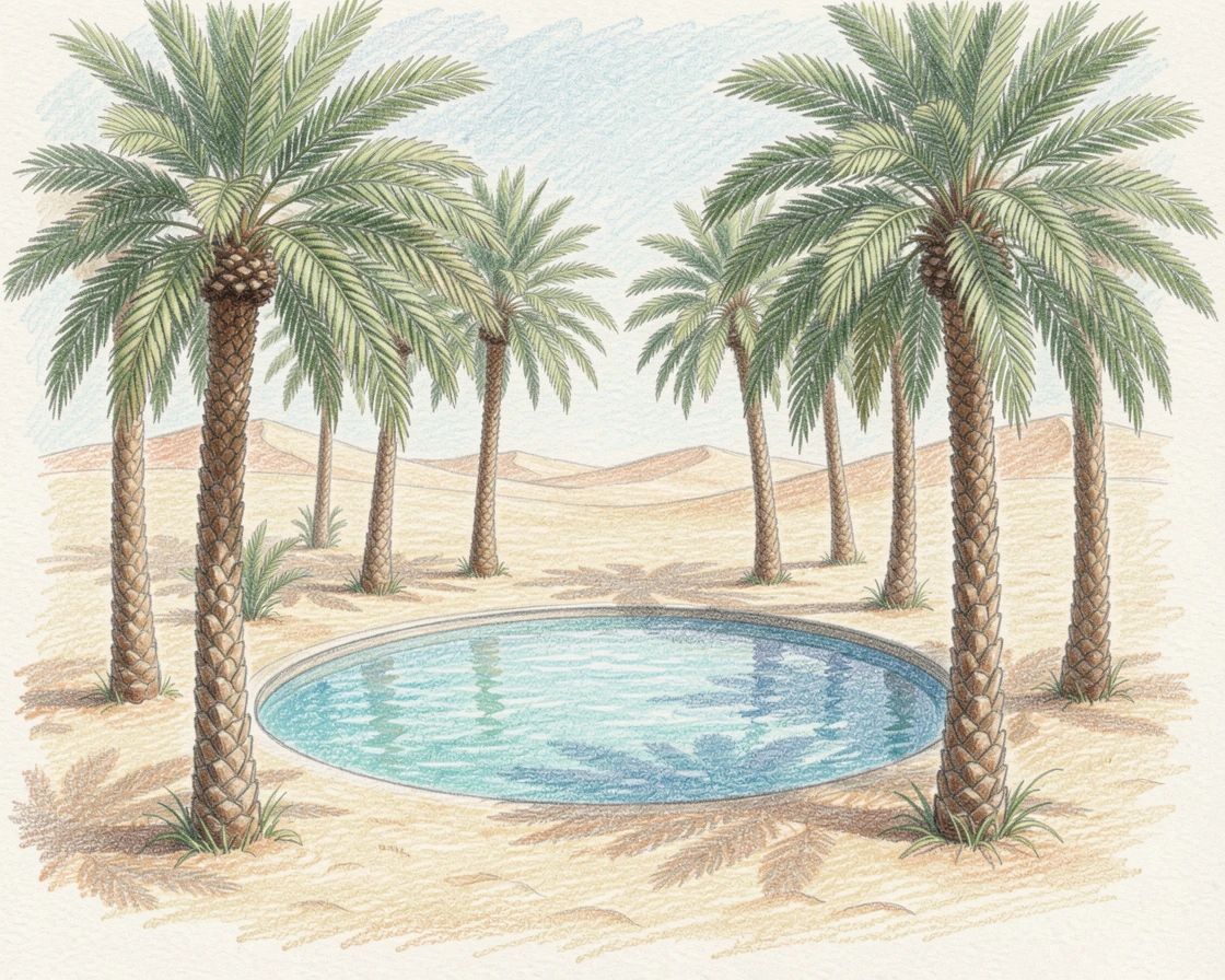 A remote desert oasis with palm trees around a clear blue pool, framed thoughtfully to draw the eye toward the central subject, designed to feel inviting, memorable, and shareable.