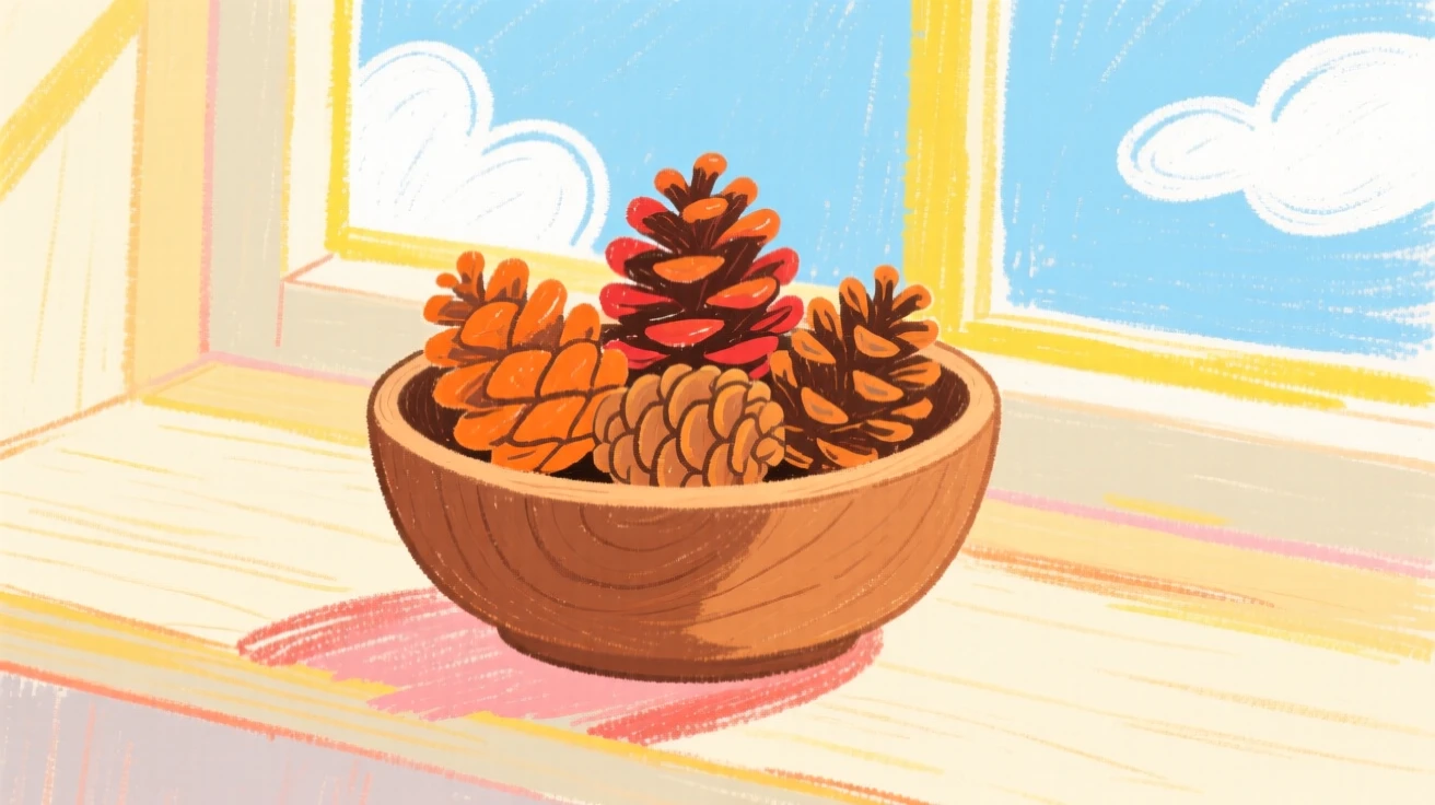 A wooden bowl of pinecones arranged on a sunlit windowsill.
