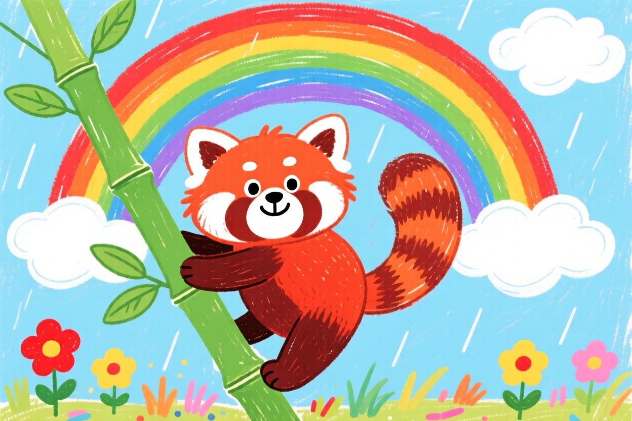 A red panda climbing a bamboo branch beneath a rainbow after a storm.
