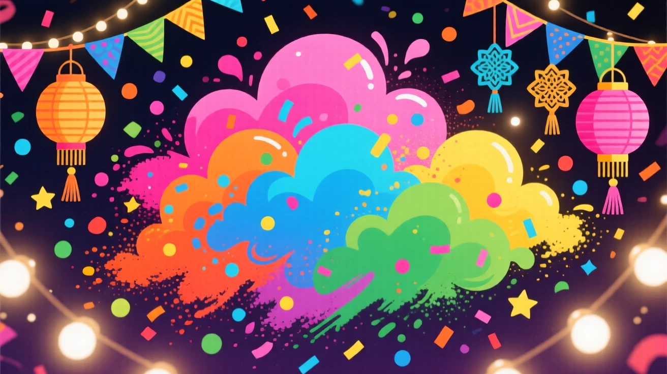 A colorful Holi festival with clouds of vibrant powder, surrounded by confetti and colorful paper decorations, arranged with vibrant colors creating a celebratory mood, with warm twinkling lights adding a magical sparkle.