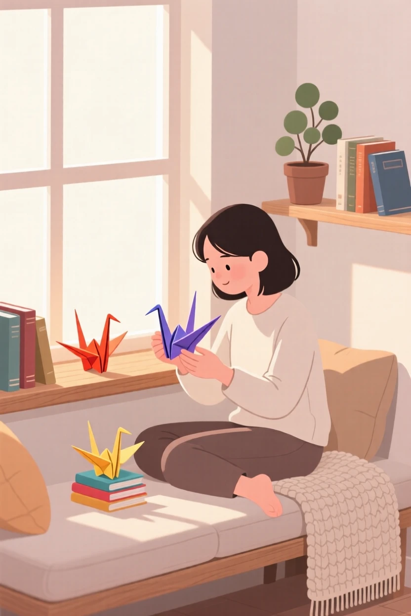 A person folding origami cranes in a cozy reading nook.