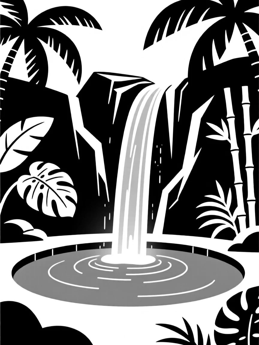 A tropical waterfall pouring into a jungle pool.