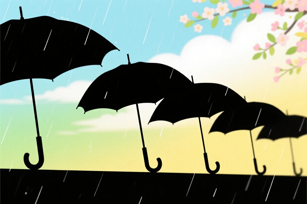 A row of colorful umbrellas open against an April spring shower.
