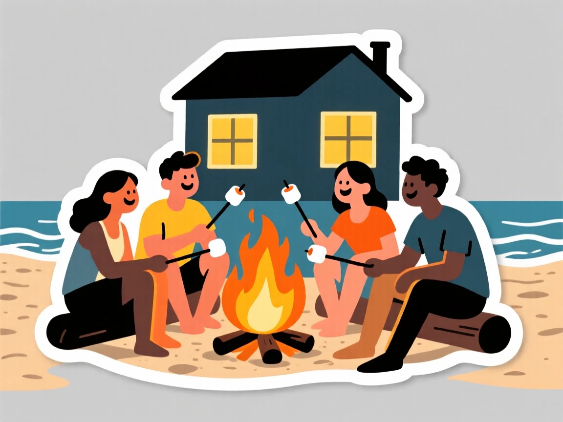 A spirited and joyful summer beach bonfire with friends roasting marshmallows, with warm light spilling from nearby windows, at a joyful family gathering.