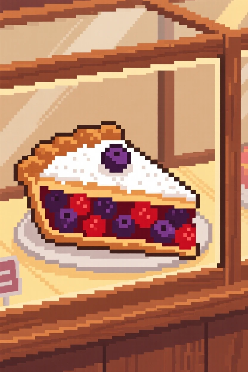A slice of berry pie topped with a dusting of powdered sugar, in a cozy bakery display case.