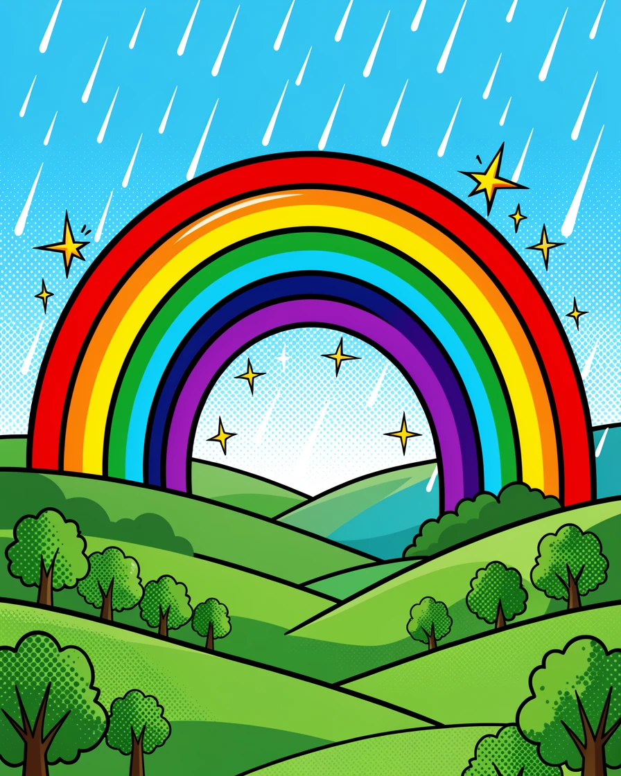 A rainbow arching over a valley after rain