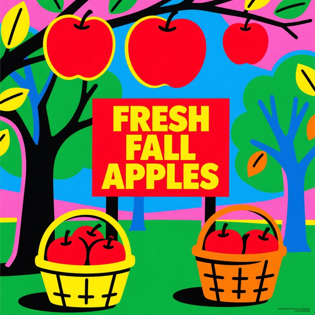 Autumn apple orchard with baskets of red apples