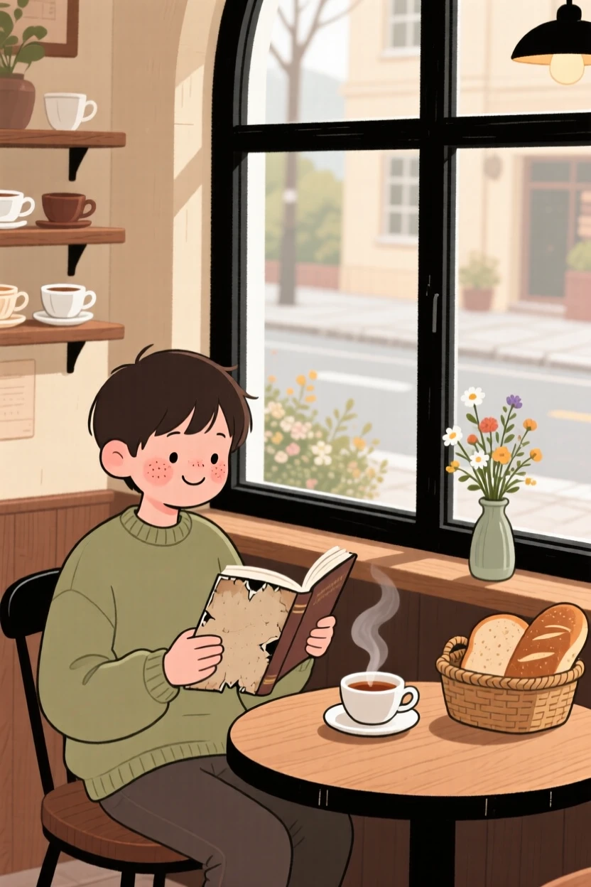 A student sits by the window of a small tea house, reading a worn novel as the smell of baking bread fills the air.