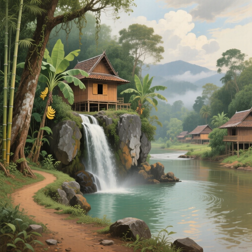A wide establishing shot of a hidden waterfall discovered at the end of a forest trail, in a Thai river village, beneath drifting clouds.