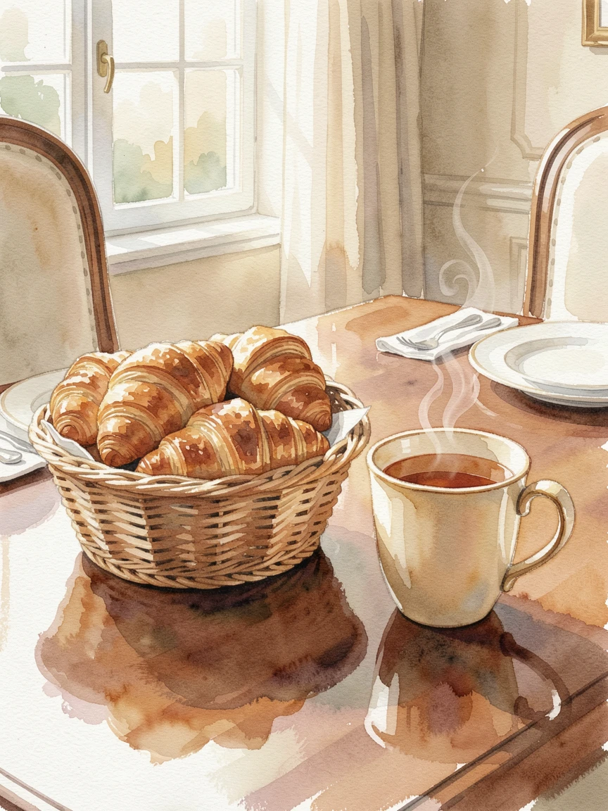 A basket of croissants and pastries in an elegant dining room setting with a warm mug of tea alongside.