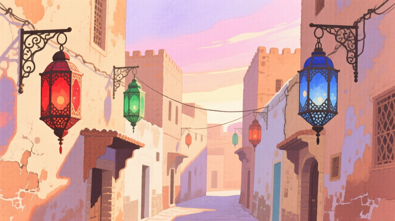A picturesque view of a colorful Moroccan medina with lanterns strung between old buildings, under a soft sunrise