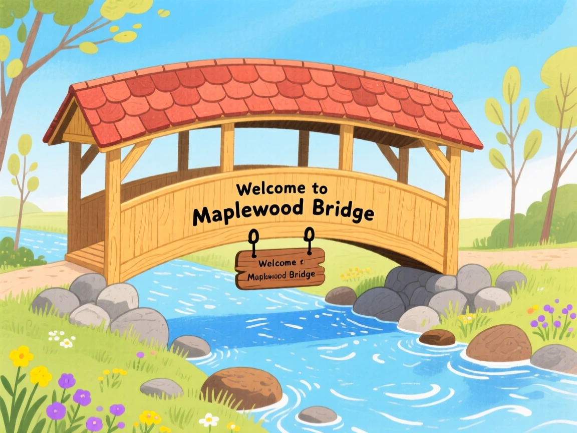 A charming scene of a covered wooden bridge over a babbling creek.