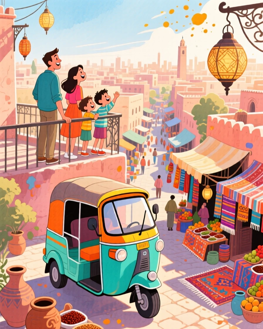 A family takes in the breathtaking view together amid a colorful tuk-tuk weaving through Marrakech's markets, evoking wanderlust and adventure.
