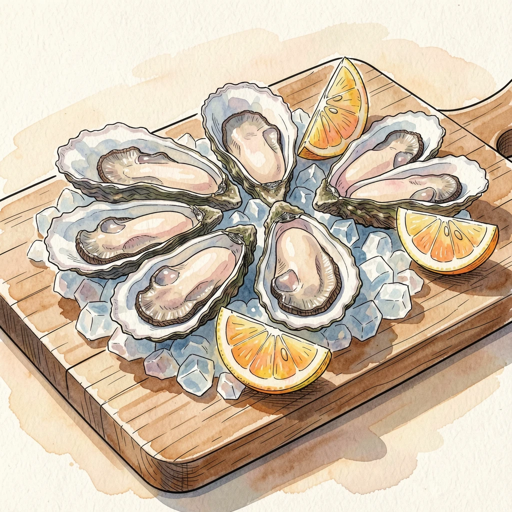 A wooden board of fresh oysters on ice with lemon wedges, the aroma almost palpable in the soft afternoon light.