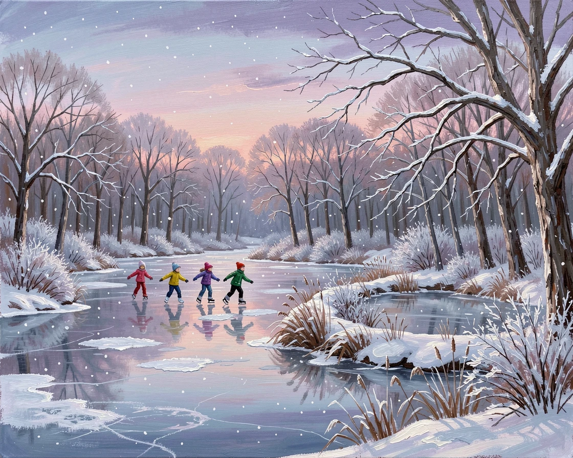 During a gentle snowfall at dusk, an ice-covered lake surrounded by bare winter trees, beside a frozen pond ringed with frosted trees, children skating across the frozen surface.